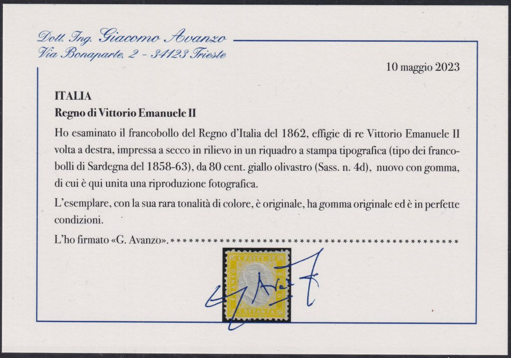 F18_45 - 1862 - Emissione dentellata, c. 80 giallo olivastro nuovo con gomma originale, francobollo raro e dal colore eccezionale, uno dei pochissimi esemplari noti. (4d).