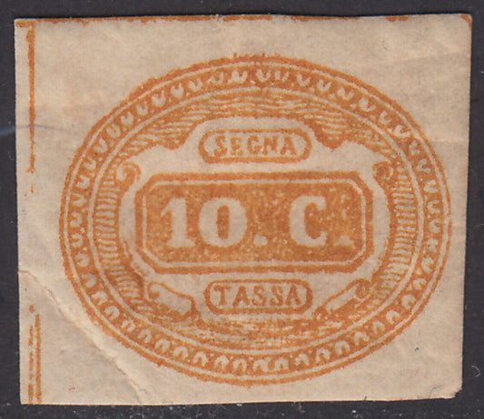 VEII20 - 1863 - Tax postmark, oval with value in the center and horizontal writings, c. 10 new orange with rubber, slight defects. (1b)