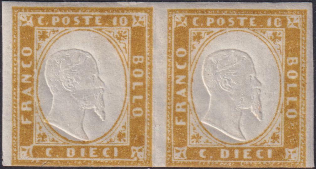 F19-111 - 1862 - IV emissione c. 10 bistro giallastro coppia orizzontale nuova con gomma originale (14Dca).