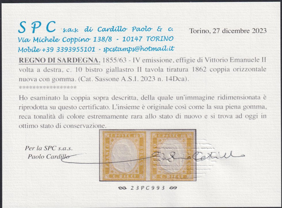 F19-111 - 1862 - IV emissione c. 10 bistro giallastro coppia orizzontale nuova con gomma originale (14Dca).