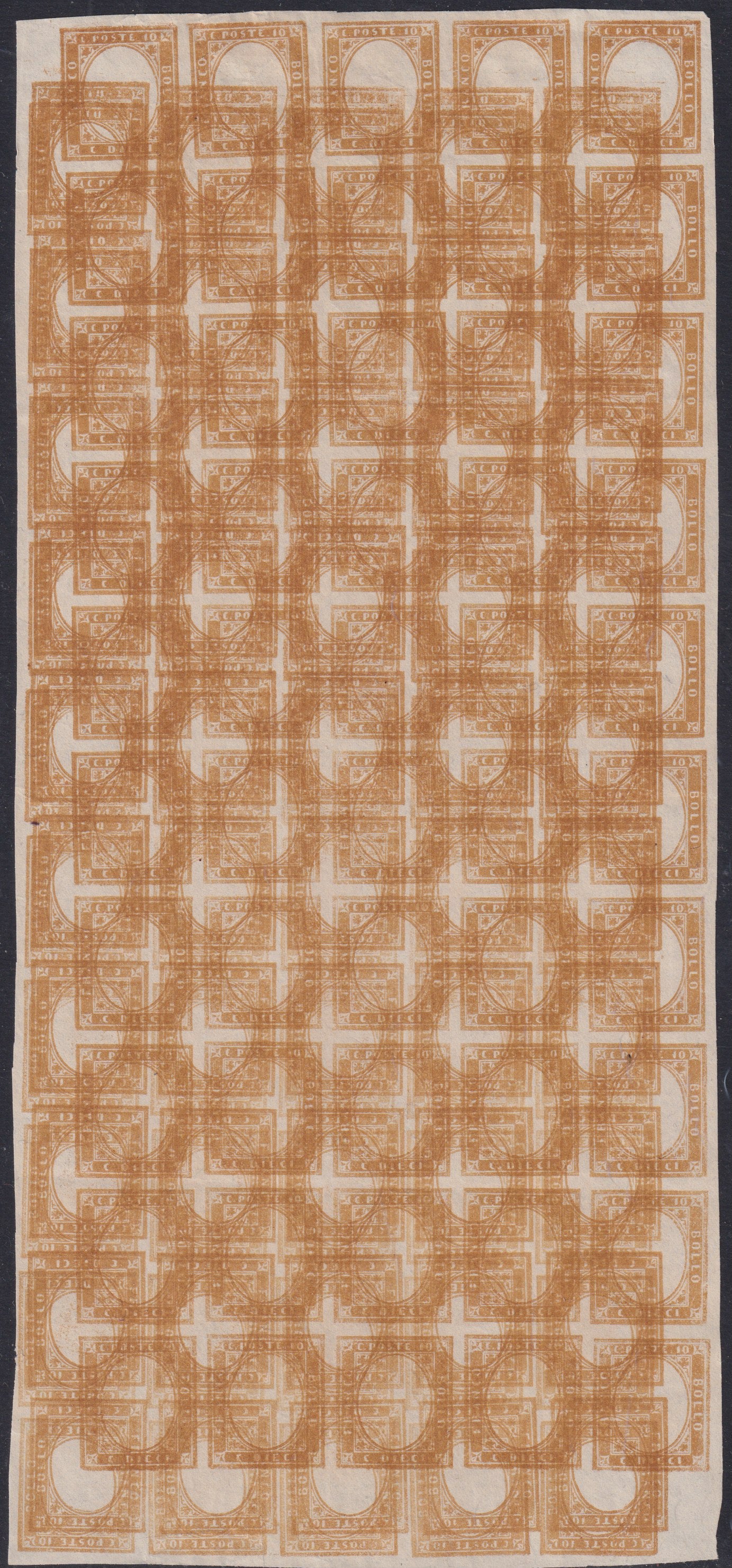 F19-189 - 1863 - Kingdom of Sardinia, fourth issue, complete sheet with a triple print, two of which are upside down, new, not gummed and without the sovereign effigy (14E, proof)