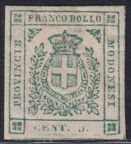 F19_29 - 1859 - Scudo di Savoia sormontato da Corona Reale, c. 5 verde nuovo con gomma originale, (12).