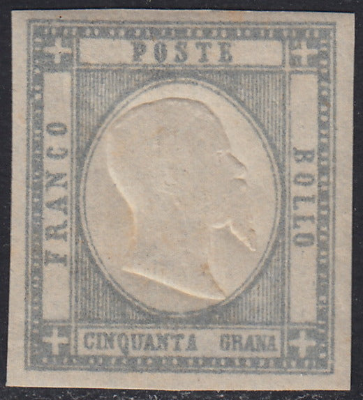 PN78 - 1861 - Effigie di Vittorio Emanuele II volta a destra, 50 grana grigio nuovo con gomma originale (24a).