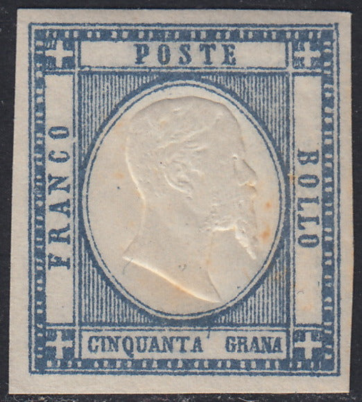 PN89 - 1861 - Effigie di Vittorio Emanuele II volta a destra, 50 grana azzurro grigio nuovo con gomma originale (24c).