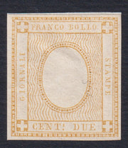 SardProve1 - 1862 - Stampati, c. 2 bistro prova di colore su carta spessa senza impressione della cifra e non gommata, rara. (10, prova).