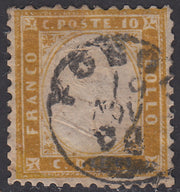 1862 - Efigie de Vittorio Emanuele II mirando hacia la derecha, c. 20 celestes perforados con peine, usados ​​(2e)