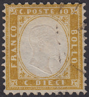1862 - Efigie de Vittorio Emanuele II mirando hacia la derecha, c. 20 celestes perforados con peine, usados ​​(2e)