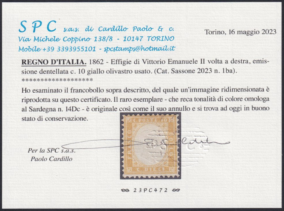 1862 - Efigie de Vittorio Emanuele II mirando hacia la derecha, c. 20 celestes perforados con peine, usados ​​(2e)