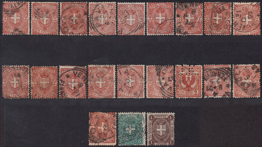 ZZ601 - 1896/1901 - Lotto - studio comprendente oltre venti francobolli della serie "scudetti". (65/67).