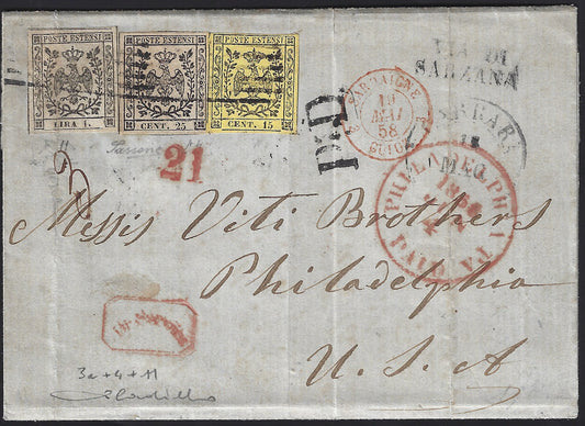 F21-75 - 1858 - Issue without dot after the figure, c. 15 yellow + c. 25 light suede + issue with L. 1 white stitch on letter from Carrara to Philadelphia 4/2/58 (10 + 11)