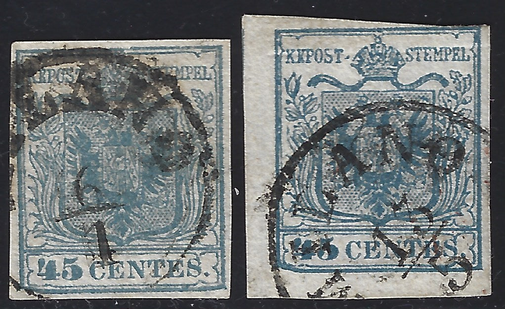 F23_127 - 1850 - I emissione, c. 45 azzurro due esemplari del II e III tipo con medesimo difetto di clichet, cartiglio ammaccato in basso a sinistra (11)