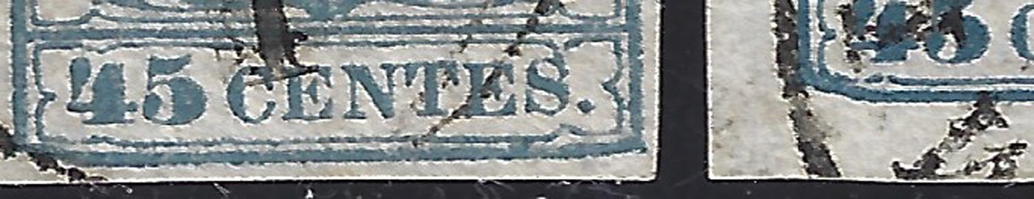 F23_127 - 1850 - I emissione, c. 45 azzurro due esemplari del II e III tipo con medesimo difetto di clichet, cartiglio ammaccato in basso a sinistra (11)