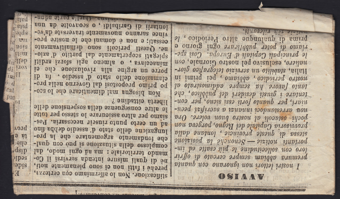 NPRSP7 - 1862 - Giornale "LA PATRIA" del 6 ottobre 1862 affrancato con 1/2 tornese verde oliva usato con il cerchio di "Napoli Arrivi e Partenze 7/10/62". Raro utilizzo in periodo di tolleranza! (17c).