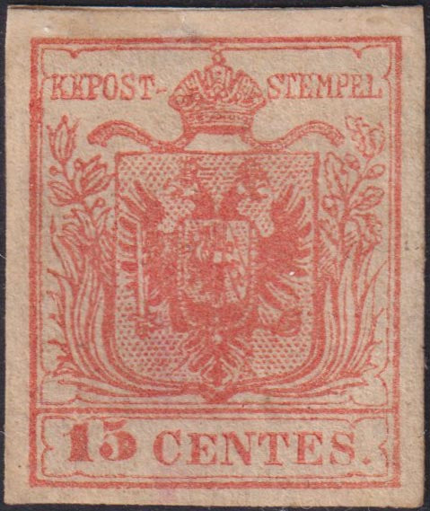 F24_3 - 1854 - I emissione c. 15 rosso vermiglio carta a macchina spessa nuovo con gomma originale. (20)