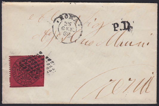 PontSP39 - 1868 - Lettera spedita da Roma per Terni 25/1/69 affrancata con c. 20 rosso bruno su carta opaca da foglio di 120 esemplari (27).