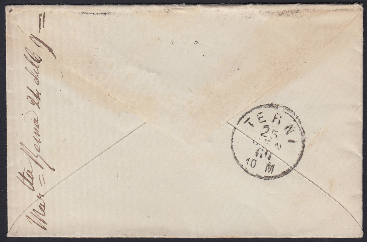 PontSP39 - 1868 - Lettera spedita da Roma per Terni 25/1/69 affrancata con c. 20 rosso bruno su carta opaca da foglio di 120 esemplari (27).