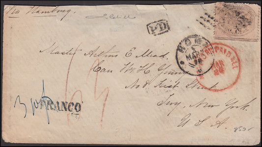 F24_74 1870 - Lettera spedita da Roma per New York affracata con c. 80 rosa smorto isolato, tariffa NGPU (30c).