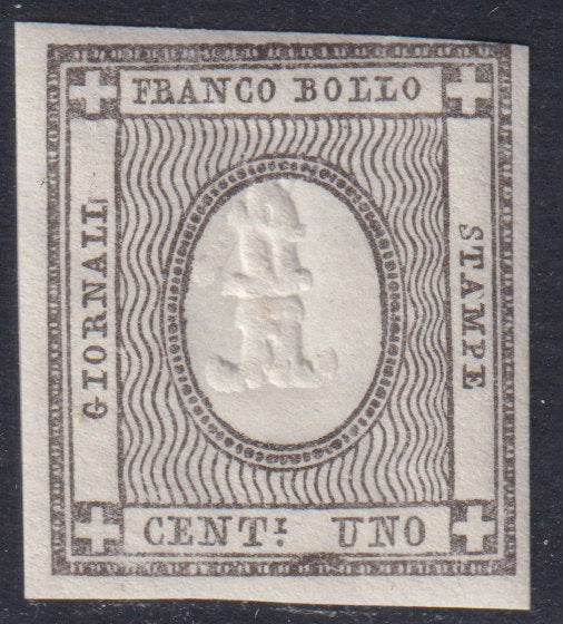 F25_94 - 1861 - Cifra a rilievo, c. 1 grigio brunastro nuovo con gomma integra (19c).