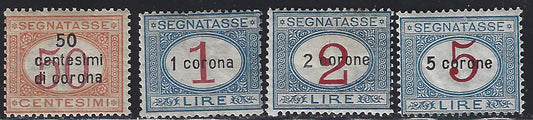 F26_190 - 1918 - Segnatasse di Regno soprastampate con nuovo valore, serie completa di quattro esemplari nuova con gomma originale (1/4).