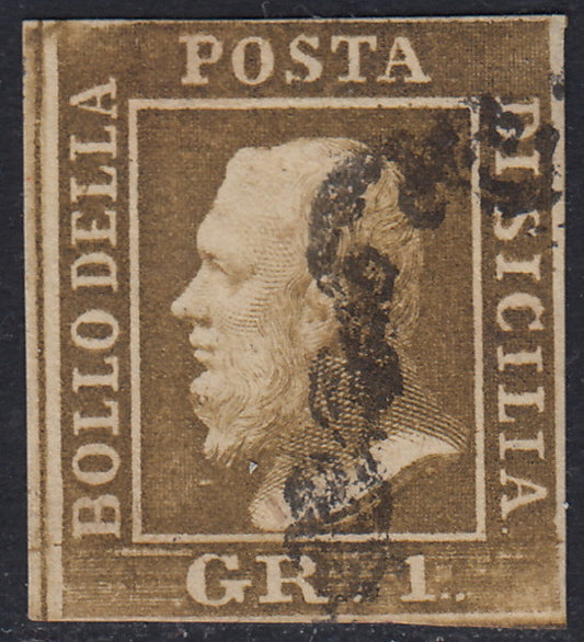 SIC347 - 1859 - 1 grano bruno oliva chiaro II tavola carta di Napoli usato. (4c).