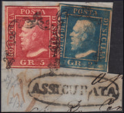 SIC38 - 1859 - 5 grana carminio I tavola + 2 grana cobalto II tavola entrambi carta di Napoli, su frammento con impronta ASSICURATA in ovale in basso. (7b + 9a).