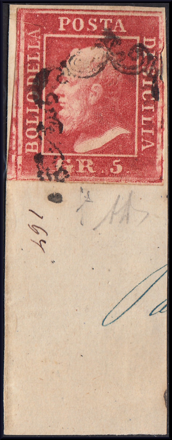 SIC39 - 1859 - 5 grana rosa mattone I tavola carta di Napoli usato su frammento. (9f).