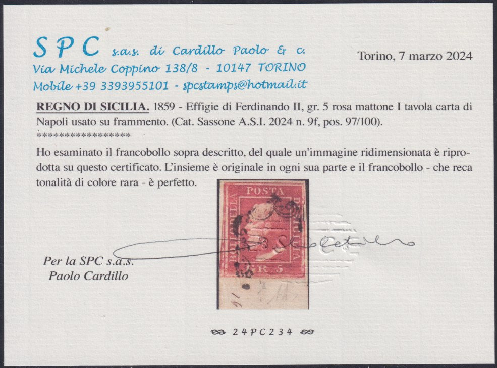 SIC39 - 1859 - 5 grana rosa mattone I tavola carta di Napoli usato su frammento. (9f).