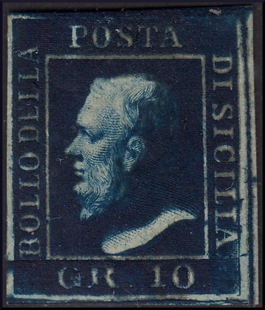 SIC19 - 1859 - 10 grana indaco carta di Napoli nuovo con gomma, posizione n. 60 RITOCCATA. (12b, ritocco 6).