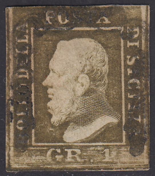 SIC161 - 1859 - 1 grano oliva II tavola carta di Napoli usato, trasparenza. (4d).