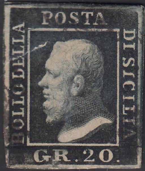 PP181 - 1859 - 20 grana nero ardesia carta di Napoli usato, strapettino a sinistra ma rarissima e introvabile tonalità di colore. (13a).