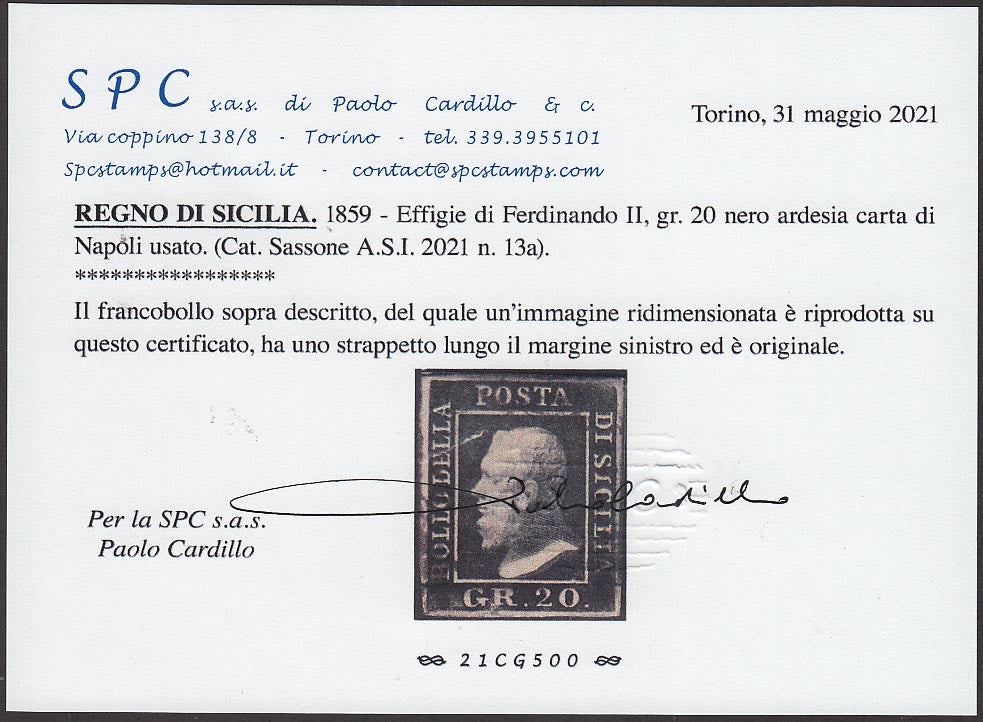 PP181 - 1859 - 20 grana nero ardesia carta di Napoli usato, strapettino a sinistra ma rarissima e introvabile tonalità di colore. (13a).