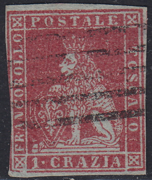 TOS130 - 1851 - Leone di Marzocco, 1 crazia carminio cupo su carta azzurra usato, lievi difetti (4a).