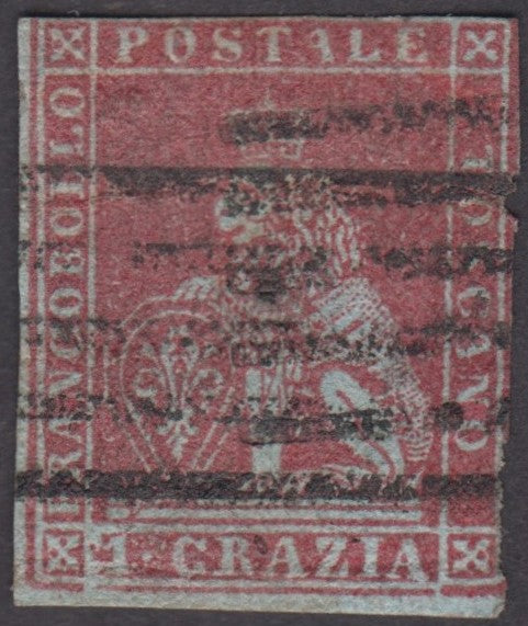 F26_47 - 1851 - Leone di Marzocco, 1 crazia carminio su carta azzurra usato, difetti (4b).