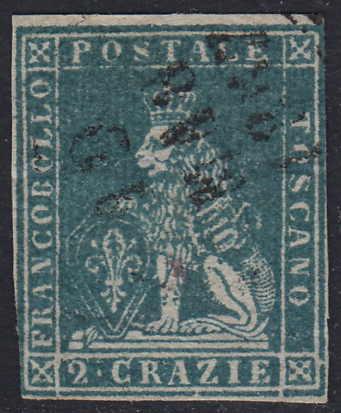 TOS129 - 1851 - Leone di Marzocco, 2 crazie verde azzurro su carta grigia usato. (5f).