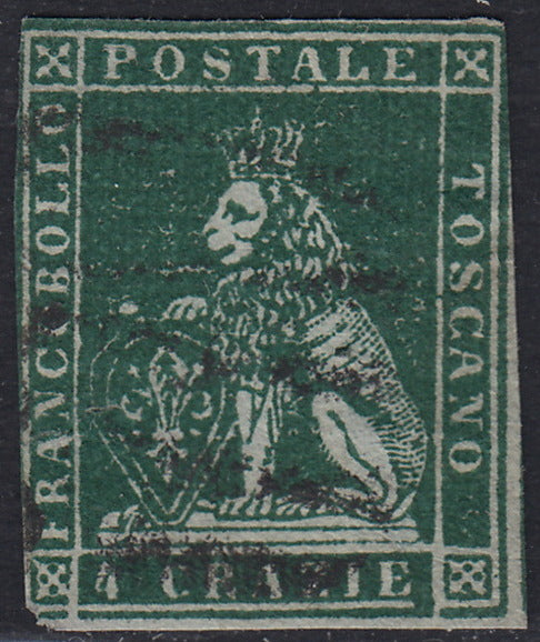 Tos146 - 1851 - Leone di Marzocco, 9 purplish brown crazie on gray paper and crown watermark used with red cancellation (8).