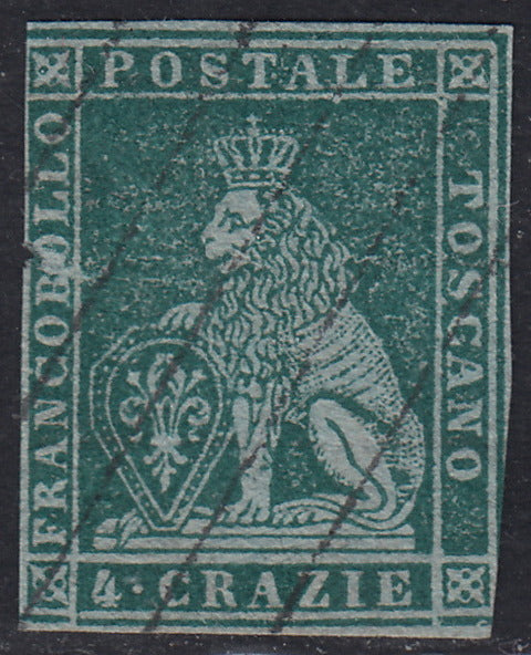 TOS127 - 1851 - Leone di Marzocco, 4 crazie verde azzurro su carta azzurra usato. (6a).