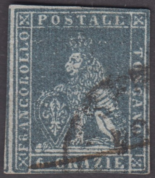 Tos146 - 1851 - Leone di Marzocco, 9 purplish brown crazie on gray paper and crown watermark used with red cancellation (8).