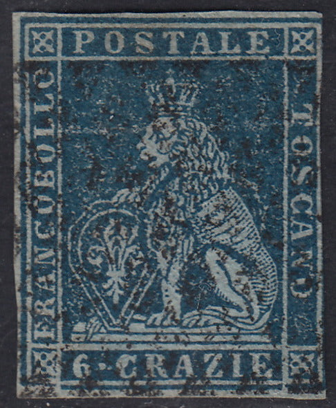 Tos146 - 1851 - Leone di Marzocco, 9 purplish brown crazie on gray paper and crown watermark used with red cancellation (8).