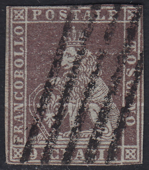 Tos146 - 1851 - Leone di Marzocco, 9 purplish brown crazie on gray paper and crown watermark used with red cancellation (8).