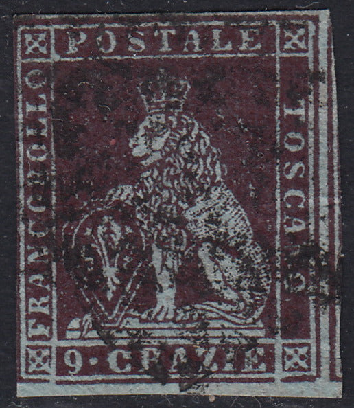 Tos146 - 1851 - Leone di Marzocco, 9 purplish brown crazie on gray paper and crown watermark used with red cancellation (8).