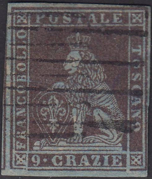 Tos146 - 1851 - Leone di Marzocco, 9 purplish brown crazie on gray paper and crown watermark used with red cancellation (8).