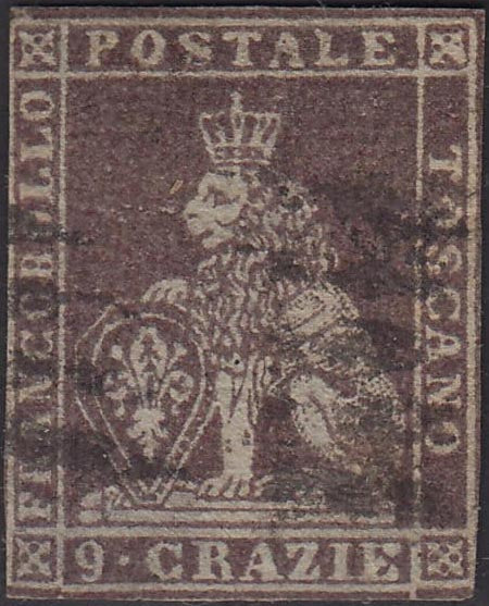 Tos146 - 1851 - Leone di Marzocco, 9 purplish brown crazie on gray paper and crown watermark used with red cancellation (8).