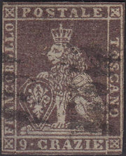 Tos146 - 1851 - Leone di Marzocco, 9 purplish brown crazie on gray paper and crown watermark used with red cancellation (8).