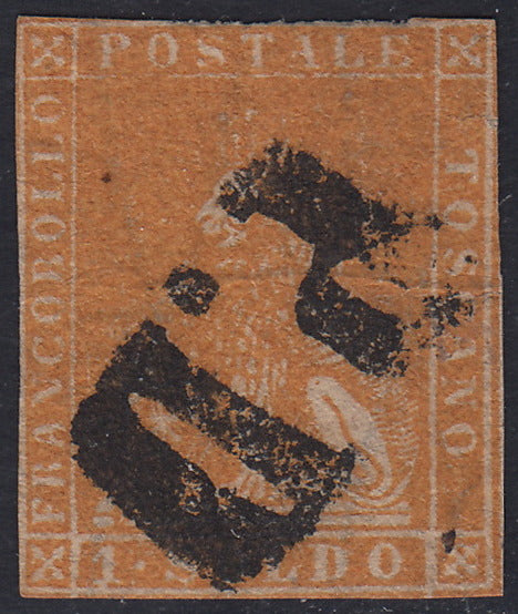 Tos146 - 1851 - Leone di Marzocco, 9 purplish brown crazie on gray paper and crown watermark used with red cancellation (8).