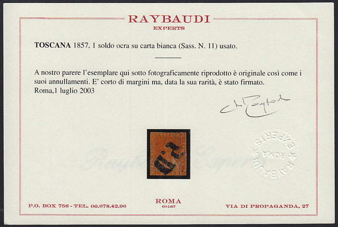 Tos146 - 1851 - Leone di Marzocco, 9 purplish brown crazie on gray paper and crown watermark used with red cancellation (8).