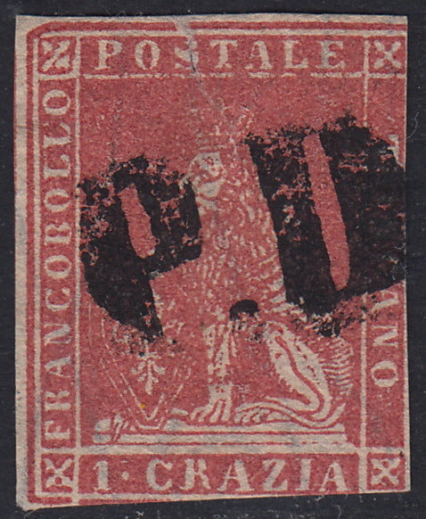 TOS122 - 1857 - Leone di Marzocco, 1 crazia carminio su carta bianca e filigrana linee ondulate usato, (12).