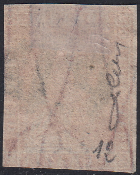 Tos146 - 1851 - Leone di Marzocco, 9 purplish brown crazie on gray paper and crown watermark used with red cancellation (8).