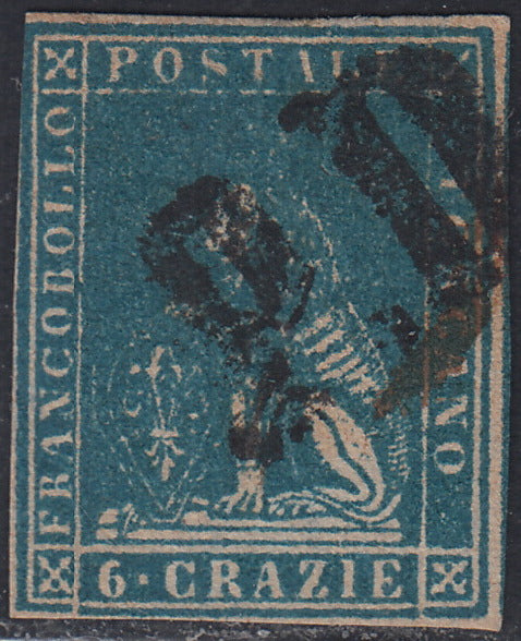 Tos146 - 1851 - Leone di Marzocco, 9 purplish brown crazie on gray paper and crown watermark used with red cancellation (8).