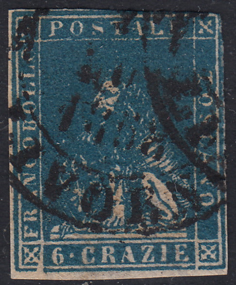 TOS121 - 1857 - Leone di Marzocco, 6 crazie azzurro vivo su carta bianca e filigrana linee ondulate usato. (15a).