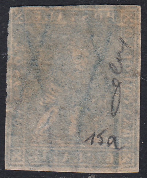 TOS121 - 1857 - Leone di Marzocco, 6 crazie azzurro vivo su carta bianca e filigrana linee ondulate usato. (15a).